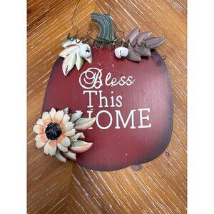 Metal Pumpkin Wall Decor With "Bless This Home" Text & Floral Accents For Fall D